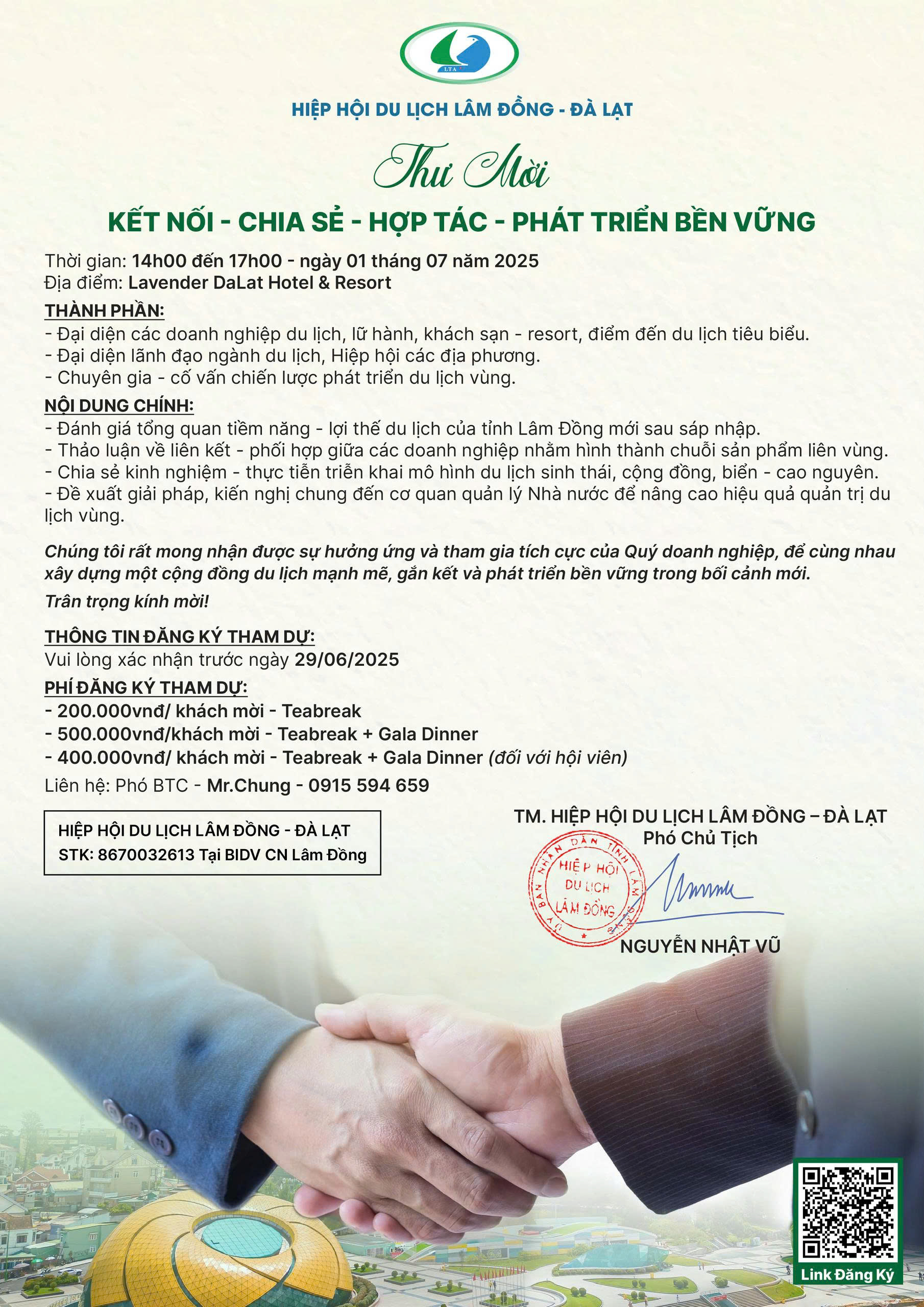 Thư mời Tọa đàm Hiệp hội Du lịch Lâm Đồng (LTA) 2025 Lâm Đồng mới tại Lavender Resort Đà Lạt - LTA.COM.VN-01